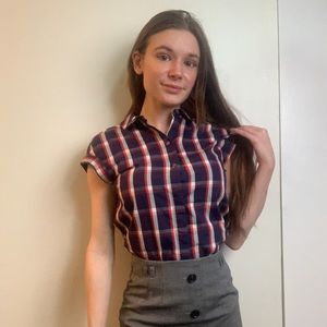 Red white and blue plaid button-up